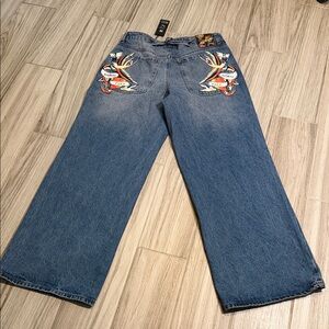 Ed Hardy Blue Wide-Leg Jeans with Colorful Back-Pocket Tattoo Desing